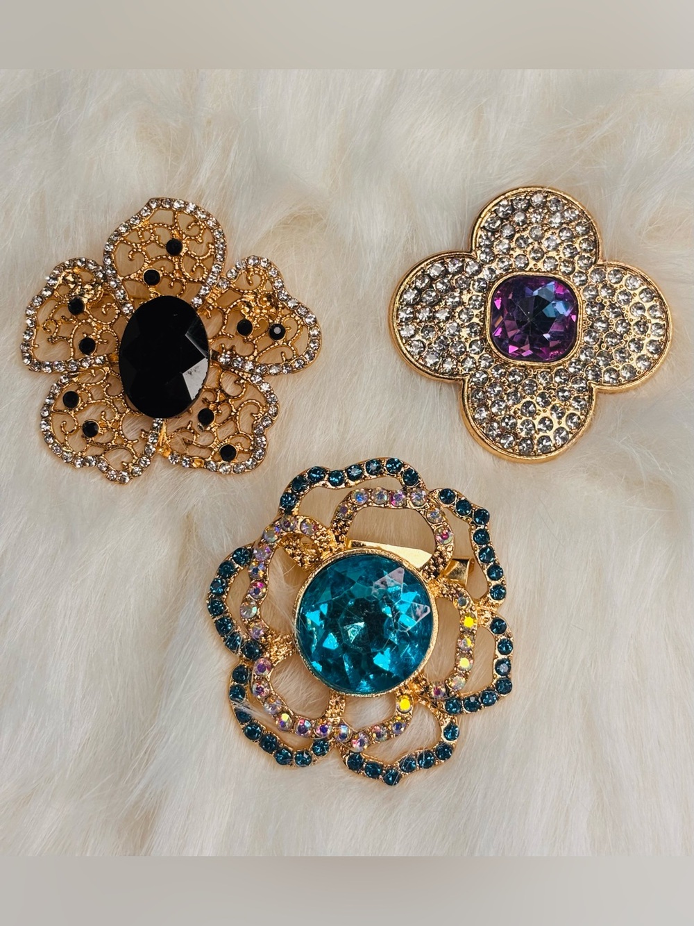 Set of 3 Gold-Tone Rhinestone Flower Brooches | Black, Teal & Purple Crystal Flo
